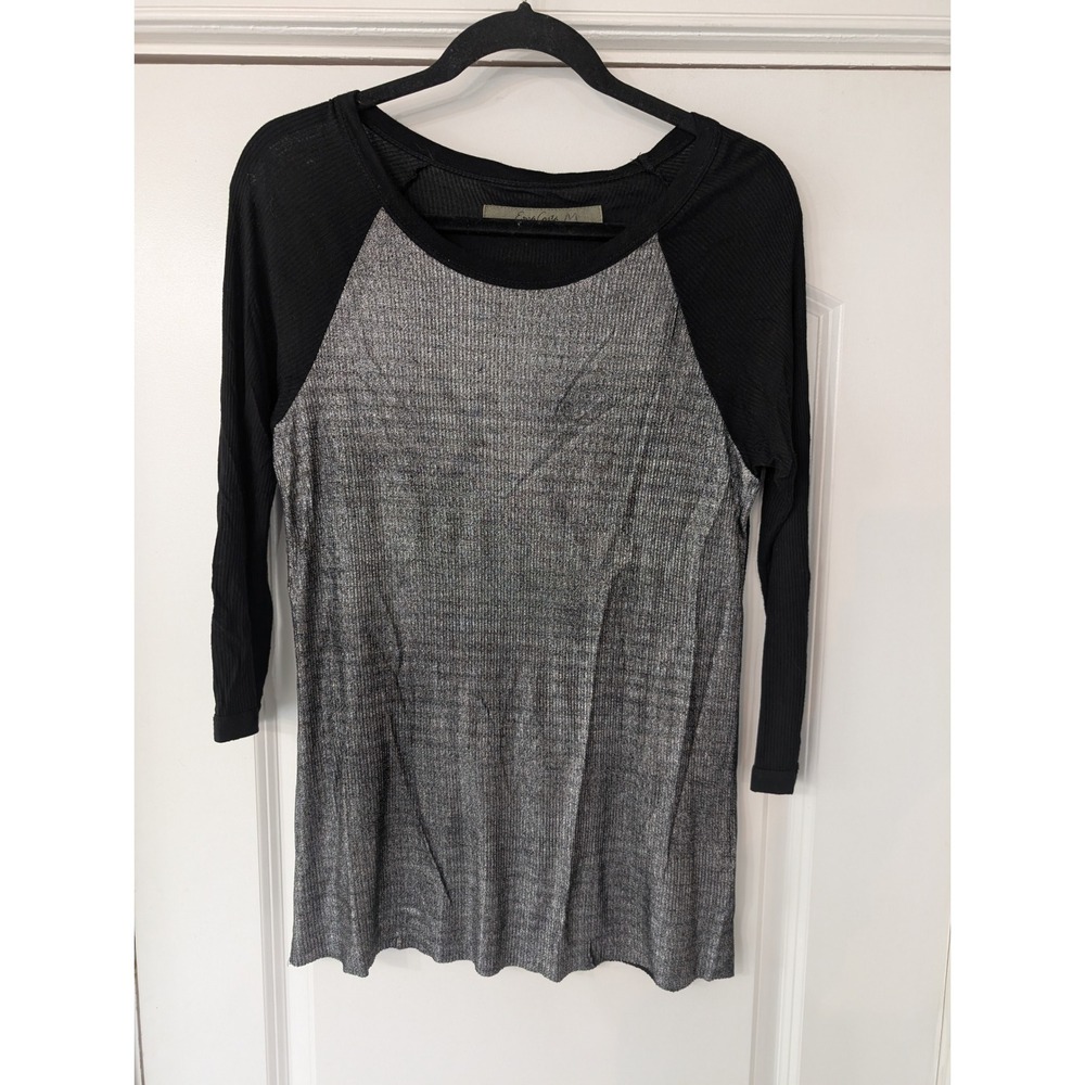 Enza Costa Metallic Silver Ribbed Raglan Baseball Tee Black slinky elevated